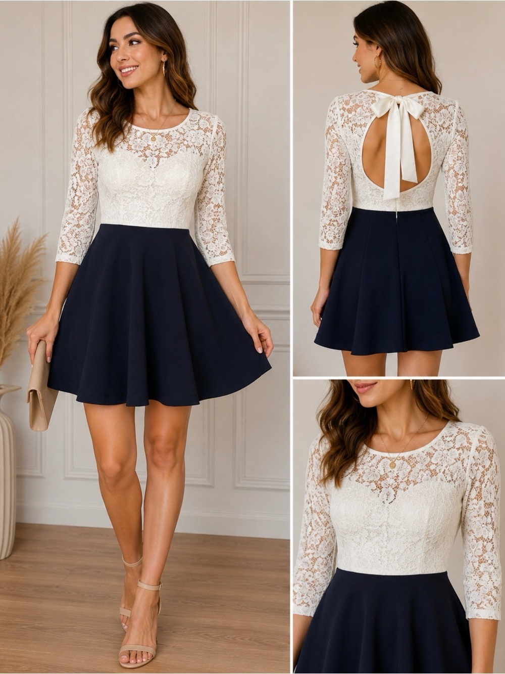 B. Darlin Lace Fit & Flare Dress Size 3/4 Ivory Navy Long Sleeve Bow Back